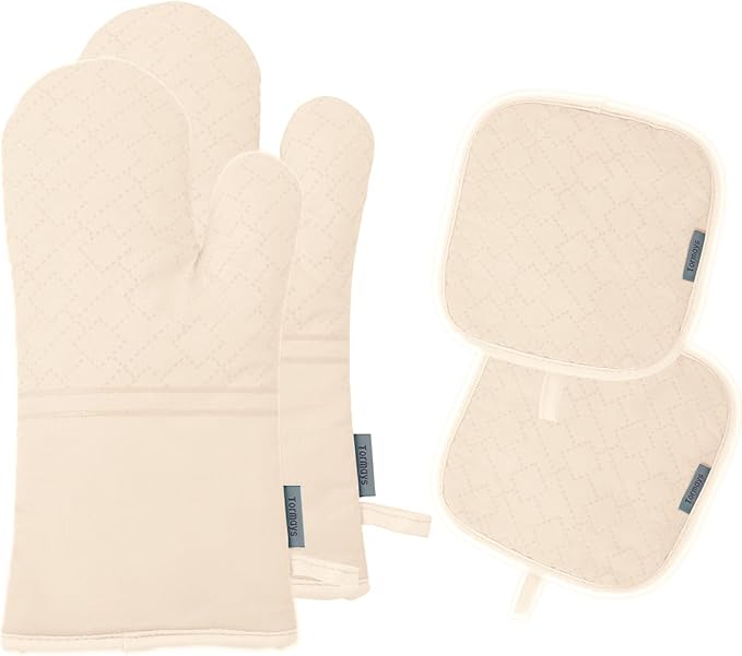 4Pcs Oven Mitts and Pot Holders Set, 572F Heat Resistant Oven Glove, Soft Cotton Lining with Non-Slip Surface for Kitchen Baking BBQ (Apricot)