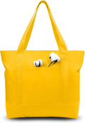 TOPDesign 1-Pack Canvas Tote Bags with an External Pocket, Reusable Grocery Shopping Bags, Top Zipper Closure, Daily Essentials (Yellow)