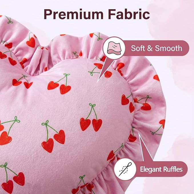 VigorSpring Valentines Pink Heart Shaped Pillow (15.7x15.7 Inches), Cute Cherry Print & Ruffled Edge Decorative Throw Pillow for Couch Bed Bedroom Living Room