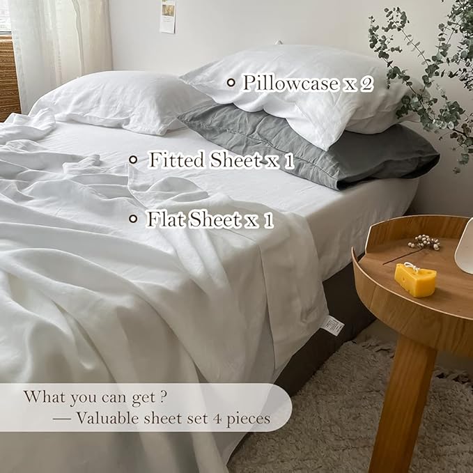 Simple&Opulence Washed Linen Bed Sheet Set Basic Style 4 Pieces (1 Flat Sheet & 1 Fitted Sheet & 2 Pillowcases) 100% Natural French Flax Soft Breathable Farmhouse Bedding (Queen, White)