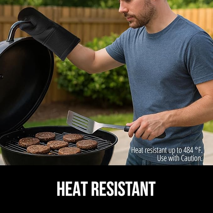 GORILLA GRIP BPA-Free Soft Silicone Oven Mitts, Heat Resistant and Waterproof Cooking Safety Gloves, Thick Cotton Lining, Flexible Gripping, Kitchen Potholders Set, for Grilling, BBQ, 12.5x8.3, Black