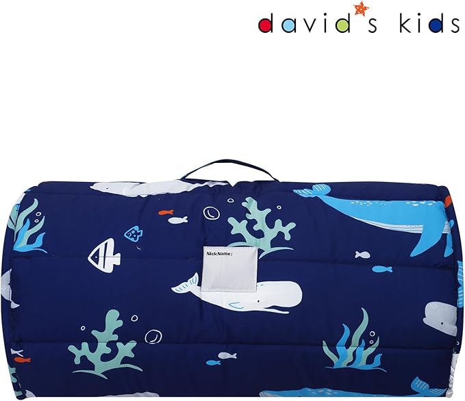 david's kids Toddler Nap Mat Set with Removable Pillow, Ultra Soft Slumber Bags for Boys，Perfect for Preschool, Daycare, Kids Sleeping Bags with Rollup Design, 50"x20", Ocean Animals Dark Blue