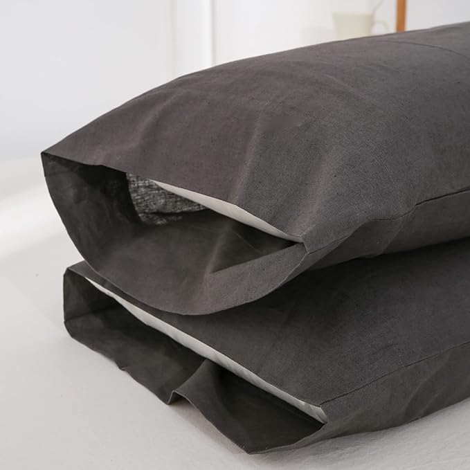 Simple&Opulence Belgian Linen Sheet Set Solid Color - 4 Pieces (1 Flat Sheet, 1 Fitted Sheet & 2 Pillowcases) Natural Flax Cotton Blend Soft Breathable Farmhouse Bedding - King Size, Dark Grey