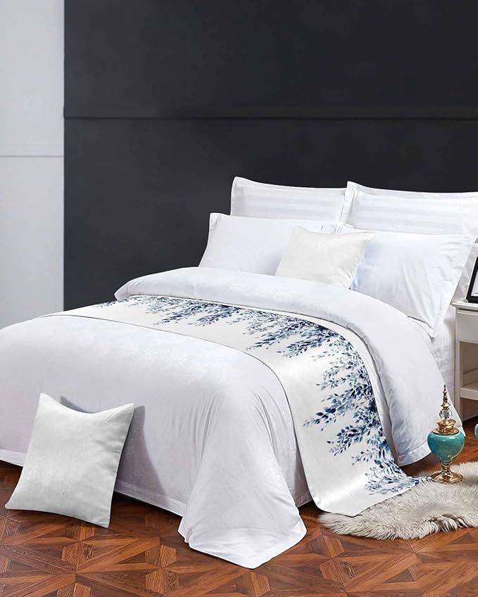 DecorLovee Blue Eucalyptus Bed Runners for Cal King Size Bed, Weeping Botanical Decorative Bed Throws for Foot of Bed, Leaf Watercolor Bed Runner Sofa Throw Bedding Scarf Slipcover for Bedroom