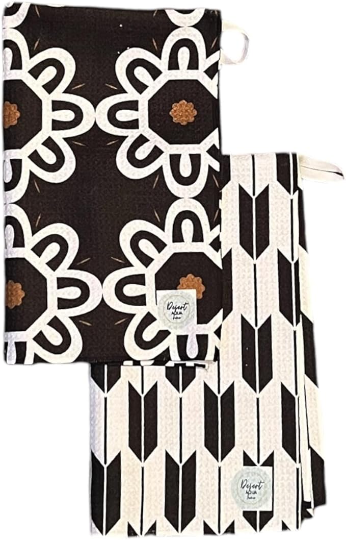 Desert Aqua 2 Pack Double Sided Kitchen Towels || Dish Towels || Quick Dry || Designer Prints || Highly Absorbent || Hanging Hook (Black)