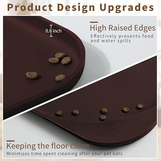 Smilool Silicone Pet Food Mat with Raised Edge for Food and Water Bowl, Dog Feeding Mats, Cat Food Trays for Floor Waterproof, Rubber Tray for Dogs and Cats, 22 x 14 x 0.8 Dark Brown