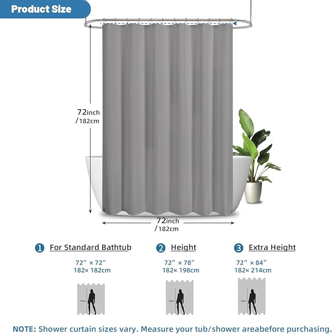 THAIGEE 2-in-1 Waterproof Fabric Shower Curtain - No Separate Liner Needed, Hotel-Style Waffle Weave, Effortless Cleaning & Washable Bathroom Shower Curtain Set,72Wx72H,Grey