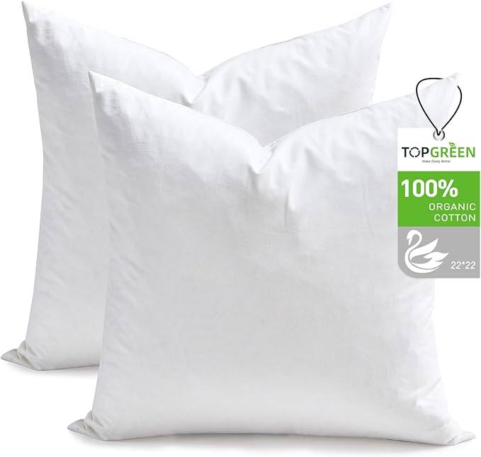 TOPGREEN Feathers Down Throw Pillow Inserts 22x22, Set of 2, 100% Organic Cotton Shell, Soft Decorative Square Pillows Insert for Living Room Sofa, Couch, or Bed (White)