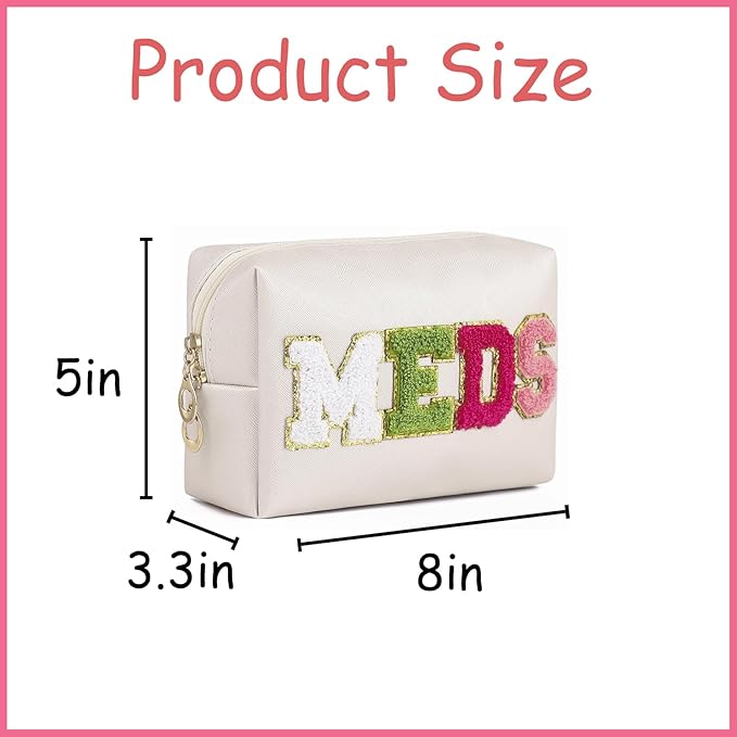 uekeboag PU Leather Medicine Bag with Zipper,Cute Chenille Letter Patches Travel Toiletry Meds Pouch for Women Girls, Daily Use Portable Organizer Cosmetic Bag (Beige- Colorful -MEDS)