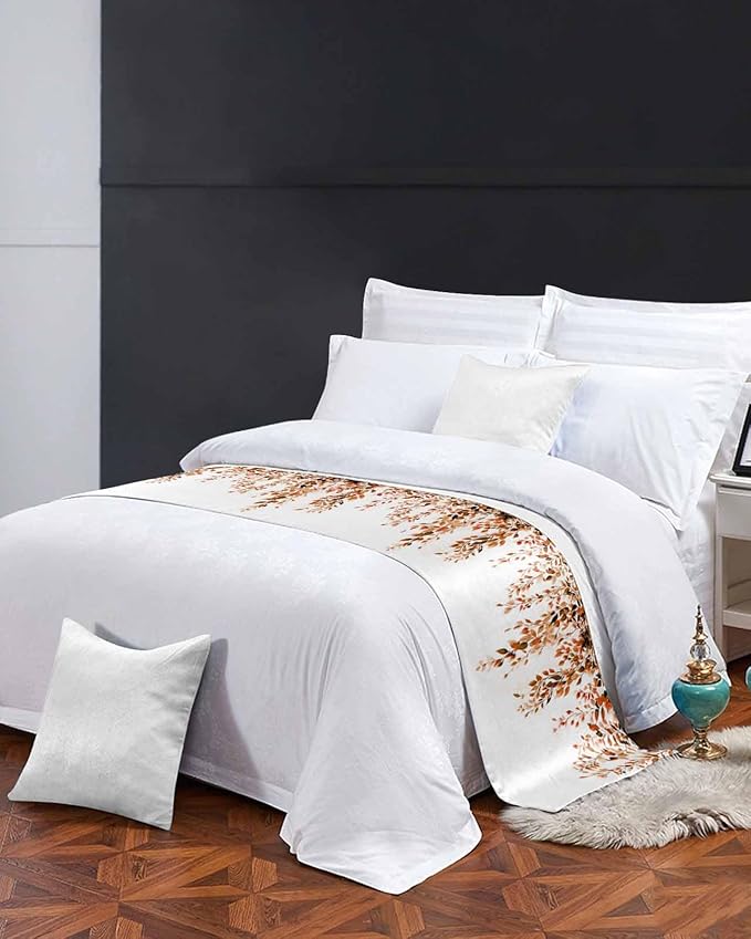 DecorLovee Orange Eucalyptus Bed Runners for Cal King Size Bed, Decorative Bed Throws for Foot of Bed, Fall Weeping Botanical Leaf Watercolor Bed Runner Sofa Throw Bedding Scarf Slipcover for Bedroom