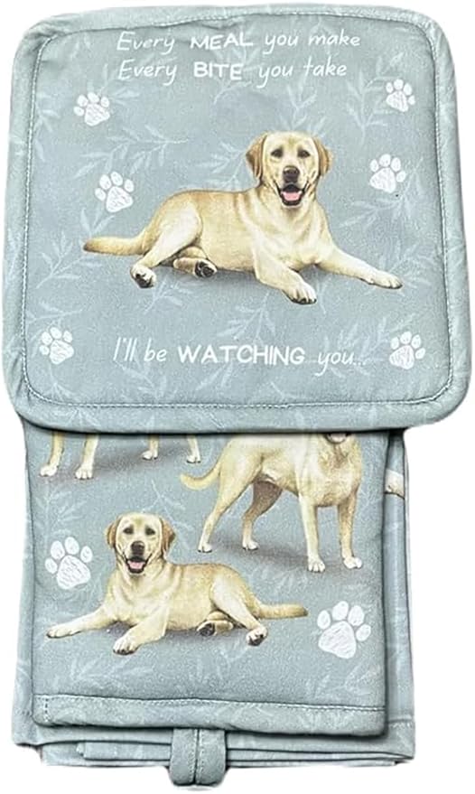 Yellow Labrador 3-Piece Kitchen Set - Oven Mitt, Pot Holder & Kitchen Towel Set, Heat Resistant up to 420 F, Soft Quilted Cotton for Cooking, Baking, BBQ, Pet Lover Gift (Labrador Yellow)