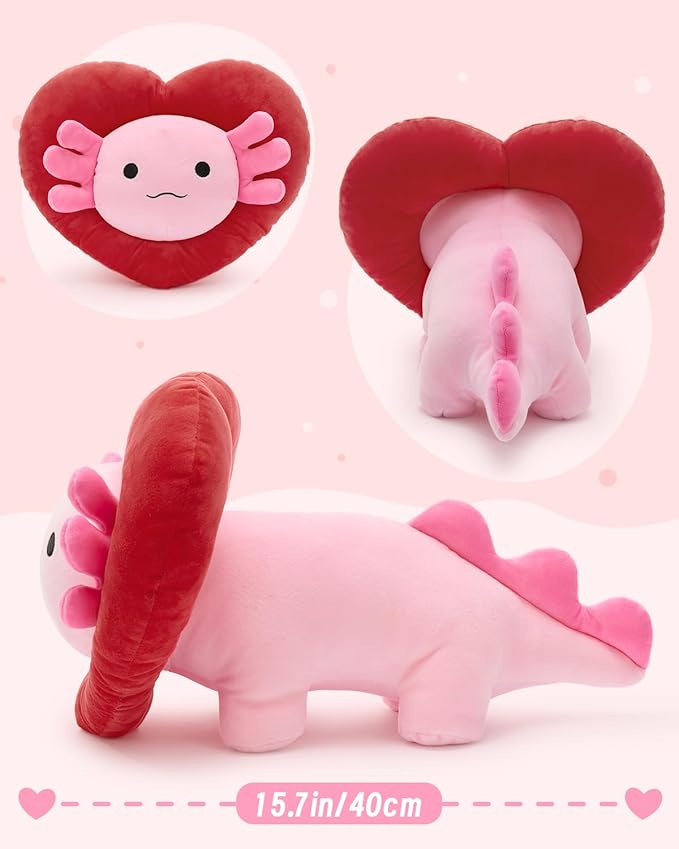 MaoGoLan Valentines Axolotl Plush with Heart-Shaped Hood,Squishy and Soft Salamander Stuffed Animal Throw Pillow,16" Loving Heart Plushie Gift for Valentines Day,Christmas,Anniversary,Mother's Day