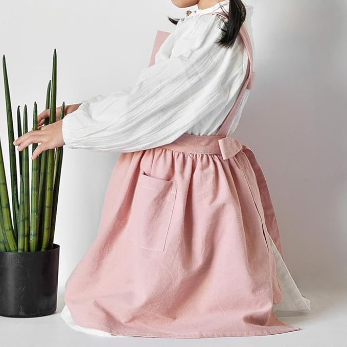 IWEMEK Kids Aprons for Girls Cooking Child Cotton Linen Apron Dress with Pockets Art Baking Gardening Painting Apron Pinafore