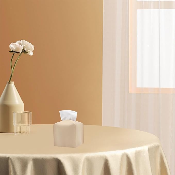Hapforever 1PC Square Tissue Box Cover, PU Leather Square Tissue Box Holder with Bottom Belt Modern Tissue Box Organizer for Bathroom/Car/Hotel/Office (5.25”x5.25”x5”, Beige)