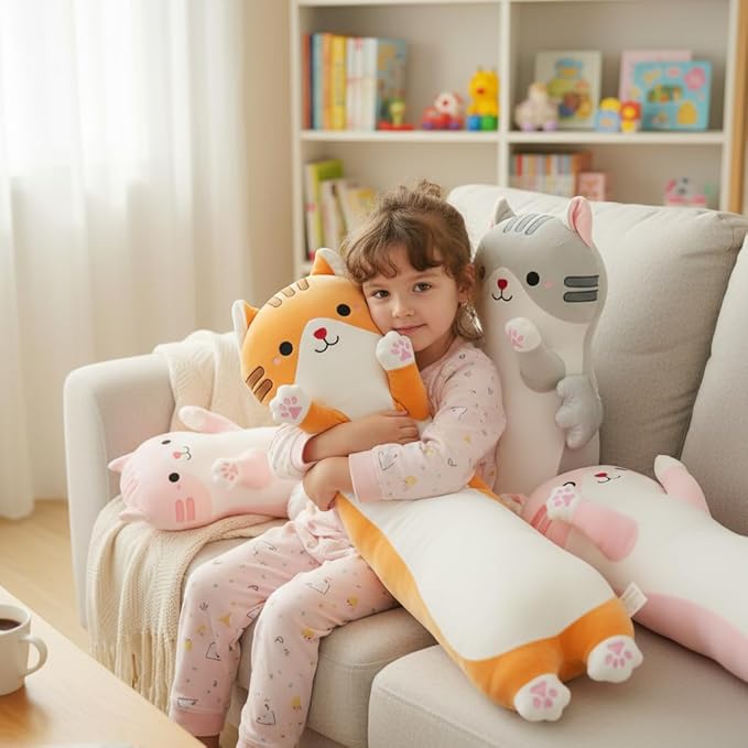 Long Cat Plush Pillow, Cute Cat Stuffed Animal Body Pillow with Wings, Soft Kawaii Kitty Hugging Pillow, Christmas Valentine's Birthday Gift for Kids Girls Boys (Yellow, 90cm/35.43in)