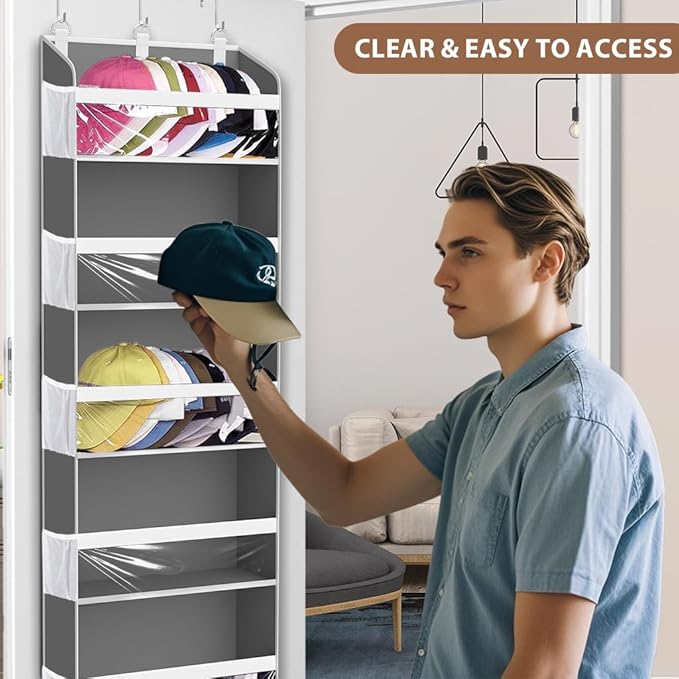 KYEVIS Over the Door Hat Organizer & Rack - Holds 60 Baseball Caps, Hat Storage for Closet Door Wall with 10 Clear Mesh Pockets, Grey