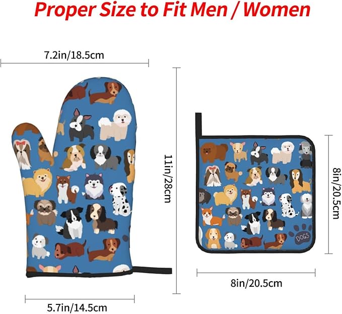 Cute Dogs Blue Oven Mitts and Pot Holders 4 Pcs Set Puppy Animals Oven Gloves and Potholders for Cooking Microwave BBQ Baking Grilling