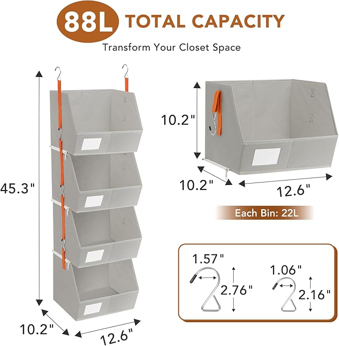 Baesyhom 4 Pcs Modular Closet Organizer - Detachable & Foldable Hanging Storage Cubes, 88L Total Capacity, Heavy Duty Fabric Shelves for Wardrobe, Closet Organization, RV, Dorm, Grey