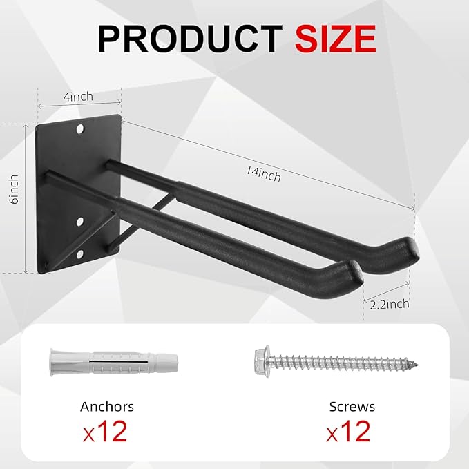 FancyEagle 14" Large Heavy Duty Garage Hooks, 2-Pack Steel Garage Storage Hooks with Support Rods, Utility Wall Mount Hangers for Power Tools, Car Tires, Ladders, Chairs, Garden Tools and More