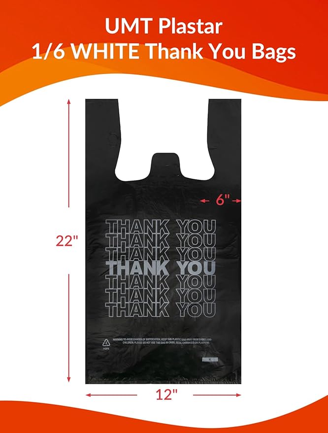 UMT Plastar 500 Count Thank You Plastic Bags, 12" x 6" x 22", 15 Mic Black Grocery Bags with Handles, Ideal for Restaurants, Retail, Grocery Stores, Takeout, Convenience Stores
