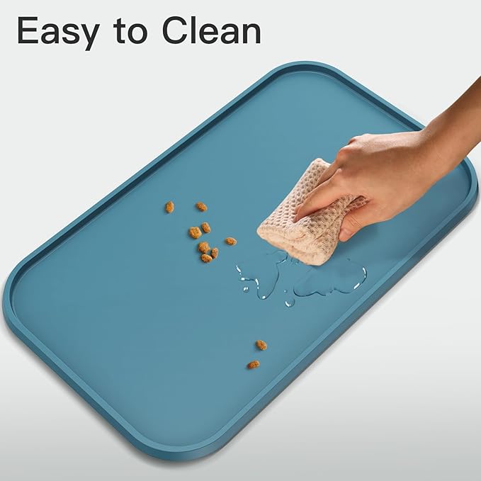 Feedoo Pet Feeding Mat [Warped Resistant Raised Edge], Water-Proof Silicone Placement for Food Water Bowls, Anti-Slip Base Protect Floor, BPA-Free&Dishwasher-Safe [28.5x16.5inch XL, Blue]