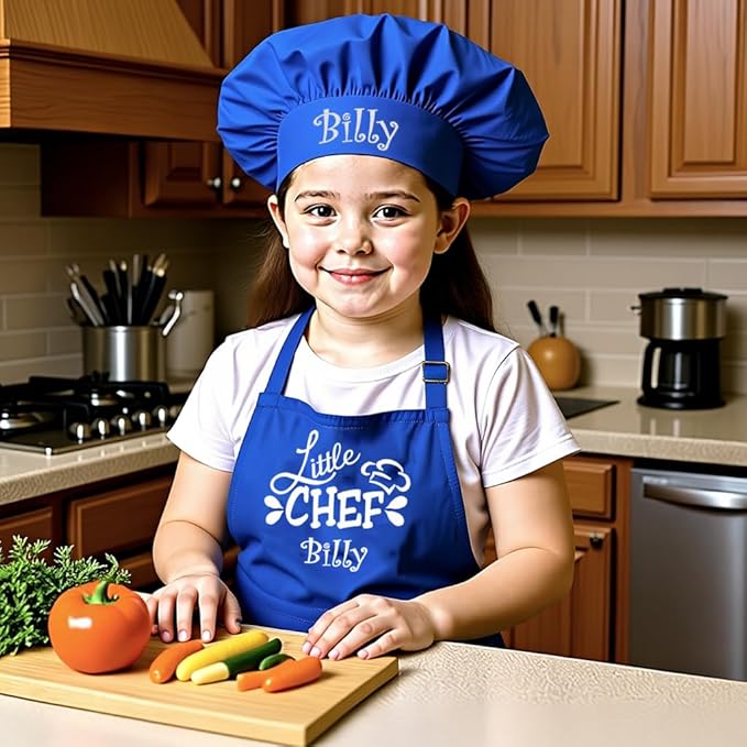 Made in the USA Personalized Embroidered Premium Child Apron and Chef Hat for Kids Girls Boys Fun in the Kitchen Gift (Little Chef, Long with hat)