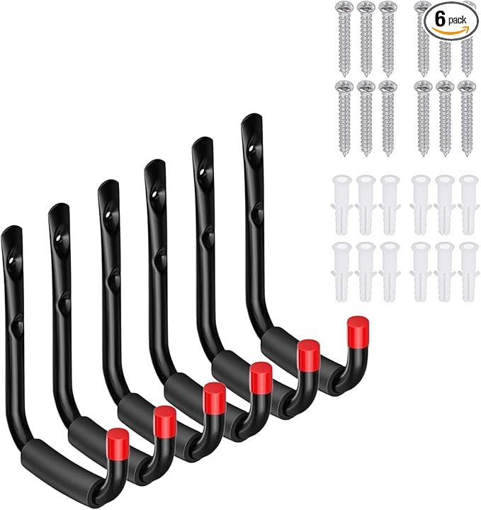 CRXCRC 6 Pack Garage Hooks Heavy Duty, Utility Steel Hooks with EVA Foam Padding, 4.56inch Wall Mount J Organizer Hanger for Hanging Bikes Kayak Garden Tool Hose Bike Shelf