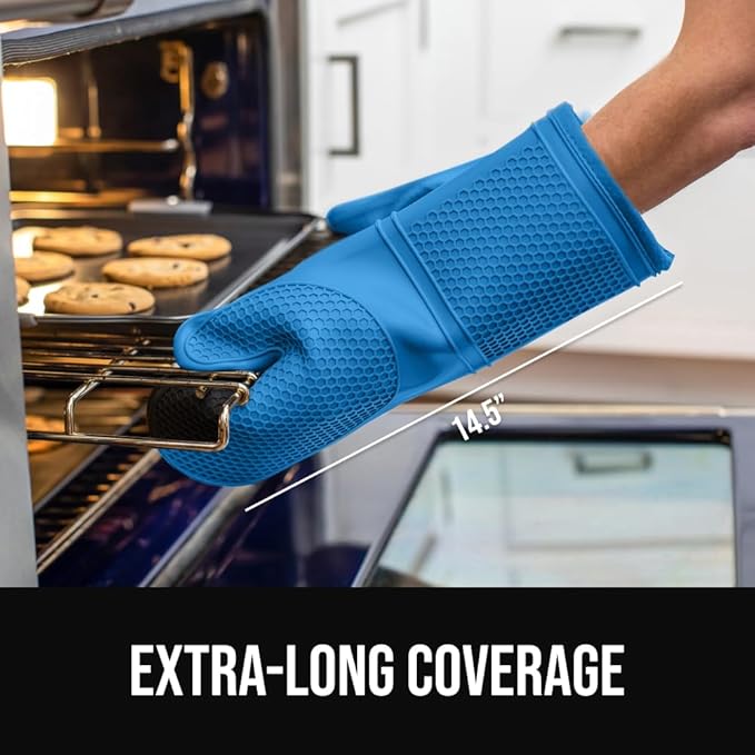 GORILLA GRIP BPA-Free Soft Silicone Oven Mitts, 14.5x8.3, Heat Resistant and Waterproof Cooking Gloves, Thick Cotton Lining, Flexible Gripping for Baking Grilling, Kitchen Potholders Set of 2, Aqua