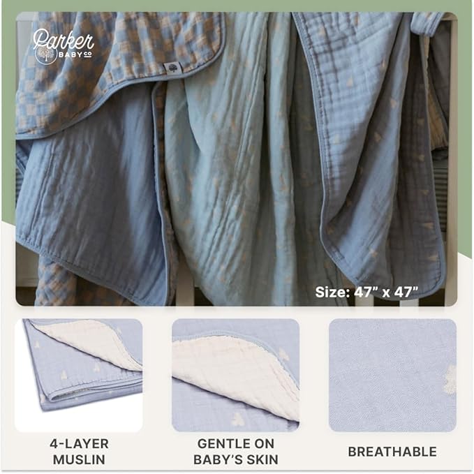 Parker Baby Muslin Blanket | 100% Soft Cotton Toddler Quilt & Baby Muslin Swaddle | Gender Neutral Design 47" x 47" Blanket