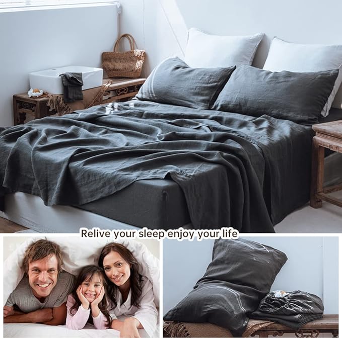Simple&Opulence Washed Linen Bed Sheet Set Basic Style 4 Pieces (1 Flat Sheet & 1 Fitted Sheet & 2 Pillowcases) 100% Natural French Flax Soft Breathable Farmhouse Bedding (King, Dark Grey)