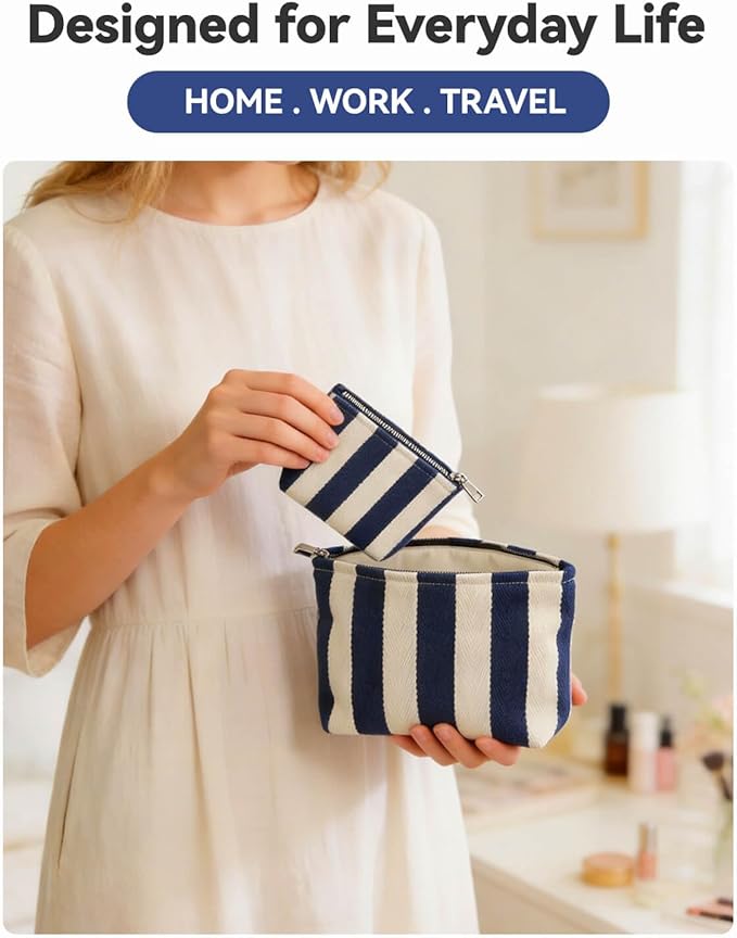 2 Pcs Makeup Bag Set, Women Gifts, Travel Cosmetic Bags, Canvas Make up Bag for Purse, Blue Striped Makeup Pouch with Zipper Lining, Cosmetic Storage Car Organizer, Portable Large & Small Toiletry
