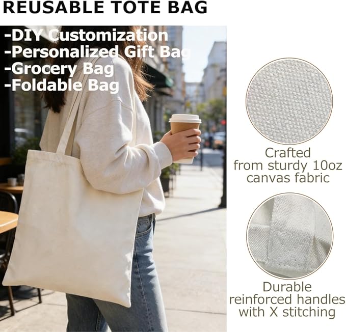 BUOGIO 6 Pack Natural 10oz Plain Canvas Tote Bags Bulk Blank Reusable Shopping Bag 14" x 15.5" for Custom Printing, Promotional, Gifts