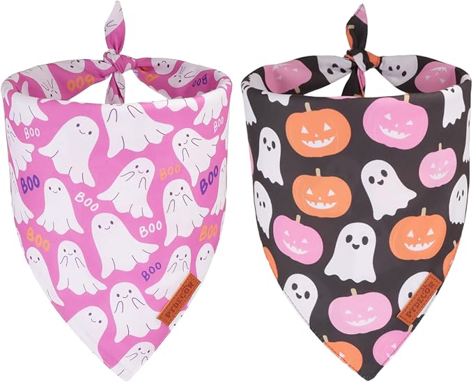 PTDECOR Halloween Dog Bandana, Cute Ghost Pumpkin Design Reversible Holiday Pet Scarf, Premium Durable Fabric, Adjustable Pink Black Halloween Bandanas for Small Dogs Puppies Cats(Small)