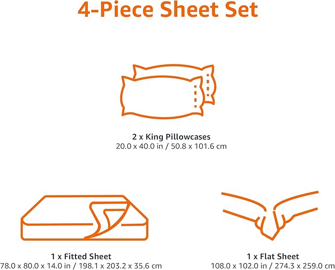 Amazon Basics 4 Piece Bed Sheet Set, 100% Cotton Jersey, Includes Super Soft, Flat and Fitted Sheets, Pillowcase, King, White, Solid