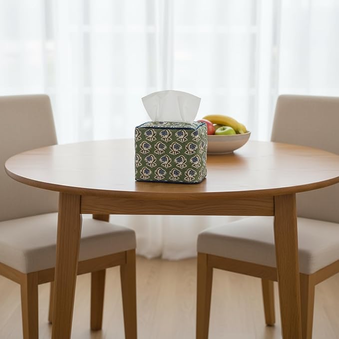 Mimorou Green Fabric Tissue Box Cover - Floral Print Tissue Box & Decorative Square Napkin Holder Handmade Cotton for Home Bedroom Vanity Countertop Night Stands Office