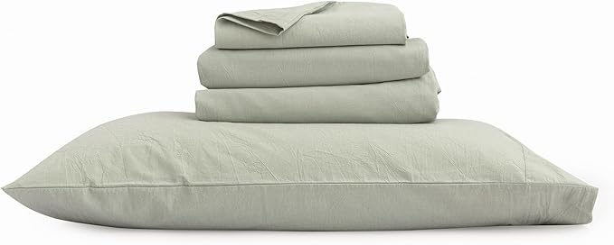 BESTOUCH Sheet Set 100% Washed Cotton Linen Feel Super Soft Comfortable Chic Lightweight 4 Pcs Home Bedding Set Solid Sage Green Cal King