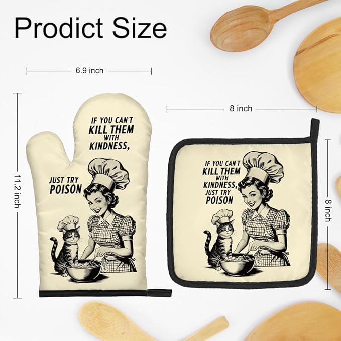 DYJYBMY If You Can't Kill Them with Kindness Just Try Poison Humorous Vintage Lady Oven Mitts and Pot Holder Set, Funny Kitchen Gadgets for Women Cat Lover, Housewarming Gifts for Hostess Bake Lover