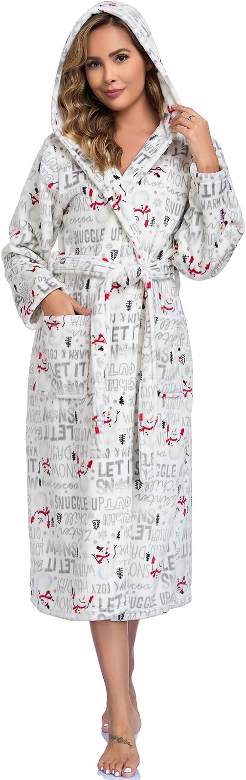 RONGTAI Womens Robes Plush Fleece Hooded Bathrobe Thick Nightgown with Pockets Fluffy Sleepwear
