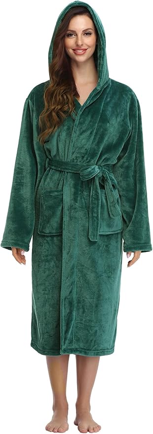 RONGTAI Womens Robes Plush Fleece Hooded Bathrobe Thick Nightgown with Pockets Fluffy Sleepwear