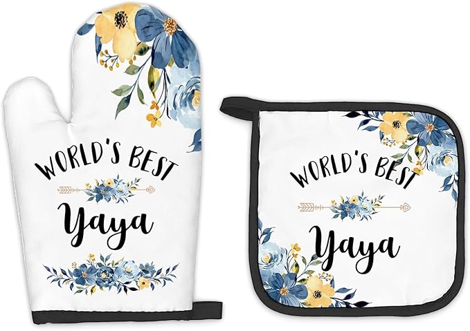 Yaya Gifts Oven Mitts and Pot Holders Sets, Gifts for Yaya from Grandkids Kitchen Decor Accessories Sets, World’s Best Yaya Heat Resistant Oven Glove Potholders for Kitchen Cooking Baking