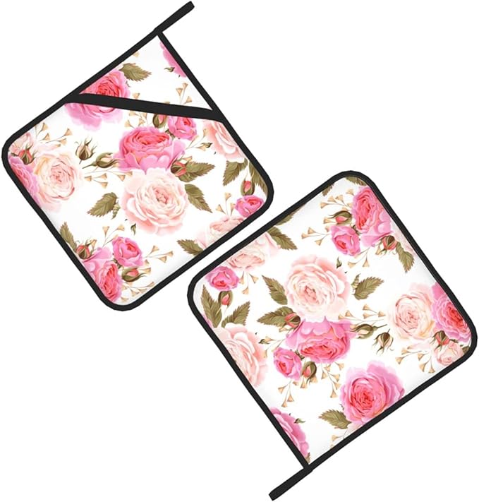 Elegant Hanging Oven Pads and Pot Holders Set, Pink Roses Kitchen Heat Resistant and Non-Slip Potholder with Loop for Cooking BBQ Kitchen Set of 2