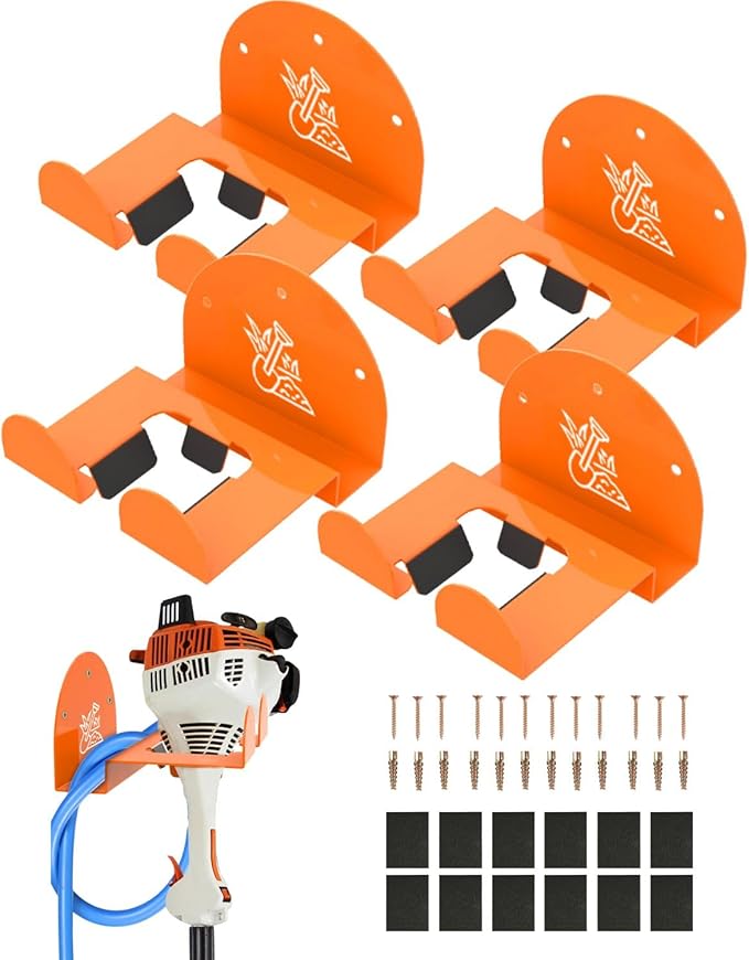 Weedeater Rack & Garden Tool Hanger - 4 Pack - 180LB Heavy-Duty Alloy Steel Wall Mount Set, for Stihl Power Tools, Grass Trimmer, Garden Tools, Space-Saving Storage for Garage, Shed, Workshop