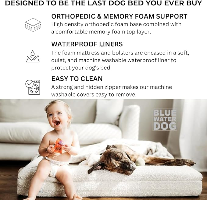 Bluewater Dog Luxury Boucle Orthopedic Memory Foam Dog Bed with Waterproof Liner and Machine Washable Cover with YKK Zippers (X-Large, 61" L x 44" W x 7" Th, Ocean Blue)