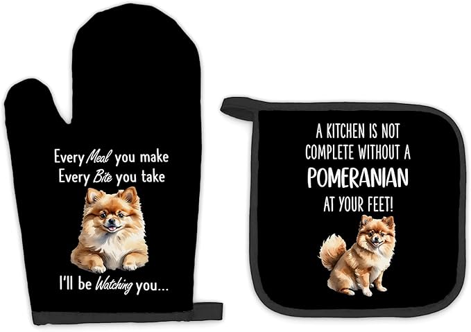 Pomeranian Gifts for Women Dog Oven Mitts and Pot Holders Sets, Pomeranian Dog Decor Kitchen Accessories Sets, Complete Without a PomeranianDog Heat Resistant Oven Glove Potholders for Kitchen