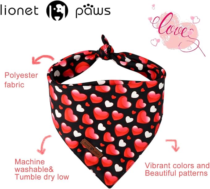 Lionet Paws Valentine's 2pcs Dog Bandanas, Black Heart & Colorful Heart Dog Scarf Bib Premium Fabric, Happy Valentine Love Bandanas for Small Dogs Pets