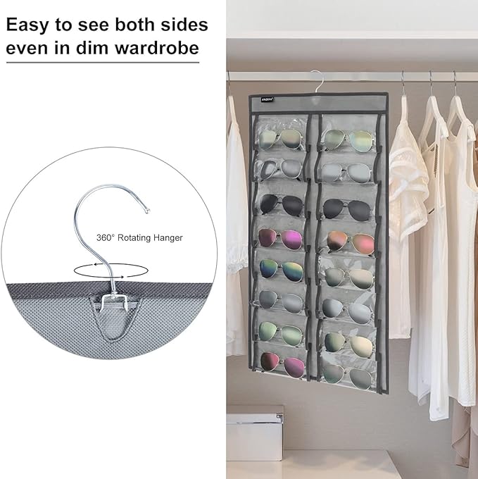 ANZORG Dual Sided Hanging Sunglasses Organizer Wall Eyeglass Holder Sunglass Rack for Home with 32 Dust Proof Pockets (32 Pockets-Grey)