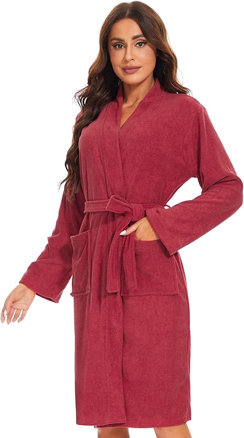 Knuffnee Women Bath Robes Terry Cloth Towel Robe Knee Length Bathrobe with Pockets