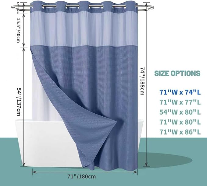 eachope MoonLightBlue No Hook Waffle Weave Shower Curtain with snap-in Liner Replacement, 230GSM Waterproof Fabric Hotel Shower Curtain Set for Bathroom, Through Mesh Top Window,71Wx74H