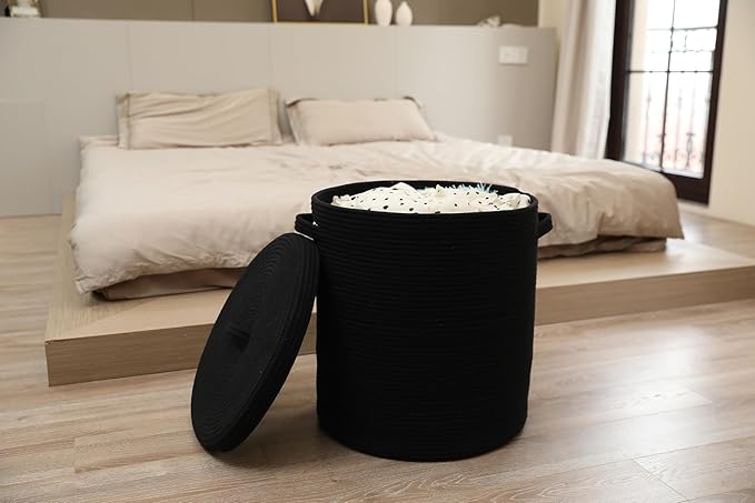 16" x 16" x 18" Extra Large Storage Basket with Lid, Cotton Rope Storage Baskets, Laundry Hamper, Cloth Bin, for Clothes Towels Blankets Pillows Storage in Living Room, All Black Basket with Cover