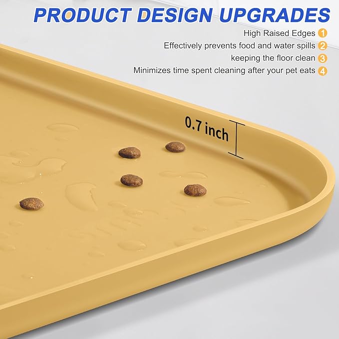 SMILOOL Silicone Pet Feeding Mat with Raised Edge for Food and Water, Dog Bowl Mats, Cat Bowls Placemat with High Lip for Floor Waterproof, Rubber Tray for Cats and Dogs 19 x 12 x0.7 Beige